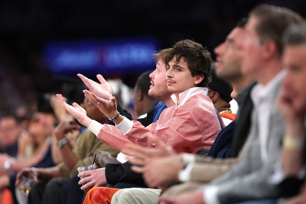 new york, new york may 21: timothee chalamet attends game one of the eastern conference finals of the 2025 nba playoffs between the new york knicks and the indiana pacers at madison square garden on may 21, 2025 in new york city. note to user: user expressly acknowledges and agrees that, by downloading and or using this photograph, user is consenting to the terms and conditions of the getty images license agreement. (photo by sarah stier/getty images)