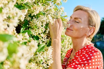 blond woman wearing red polka dot dress inhaling blooming jasmine bush.