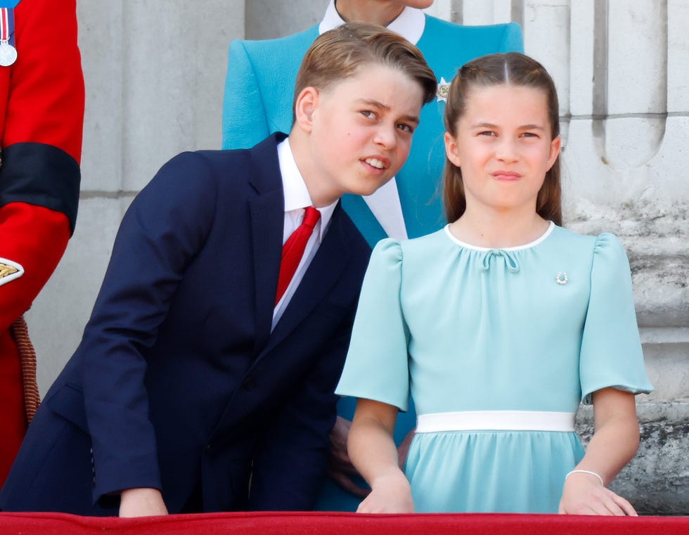 london, united kingdom june 14: (embargoed for publication in uk newspapers until 24 hours after create date and time) prince george of wales and princess charlotte of wales watch an raf flypast from the balcony of buckingham palace after attending trooping the colour 2025 on june 14, 2025 in london, england. trooping the colour, also known as the kings birthday parade, is a military ceremony to mark the official birthday of the british sovereign. the ceremony, which takes place at horse guards parade followed by a flypast over buckingham palace, was first performed in the mid 17th century during the reign of king charles ii. the parade features all seven regiments of the household division with number 7 company coldstream guards being the regiment this year having their colour trooped. (photo by max mumby/indigo/getty images)