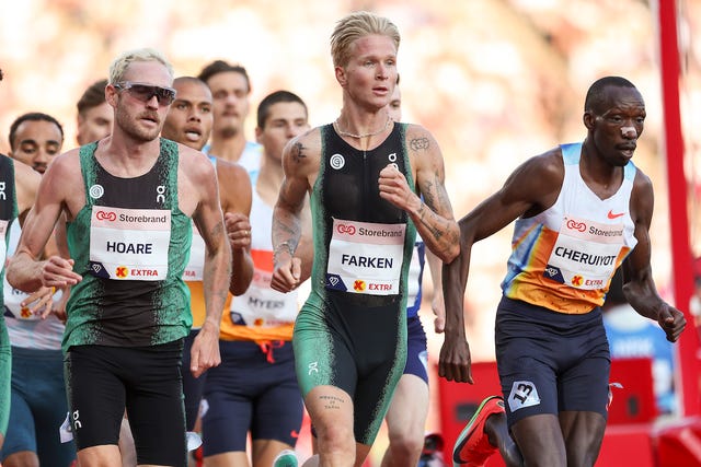 oslo, norway june 12: oliver hoare of australia, robert farken of germany and timothy cheruiyot of kenya compete in the 1 dream mile during the bislett games, part of the 2025 diamond league at bislett stadium on june 12, 2025 in oslo, norway. (photo by maja hitij/getty images)