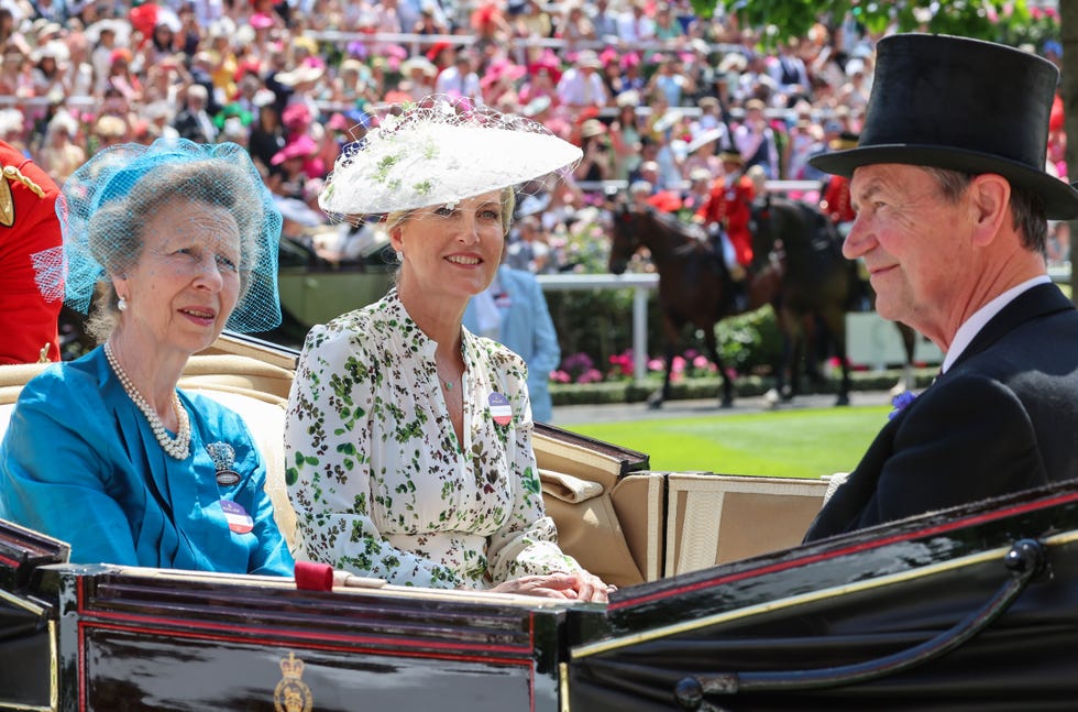 ascot, england june 19: anne, princess royal, sophie, duchess of edinburgh and vice admiral sir timothy laurence smile as they attend day three of royal ascot at ascot racecourse on june 19, 2025 in ascot, england. (photo by chris jackson/getty images)