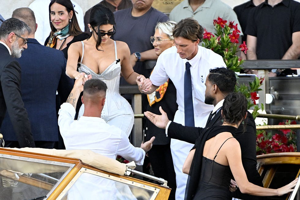 us kylie jenner leaves the gritti palace hotel on the wedding day of amazon founder jeff bezos with lauren sanchez, in venice on june 27, 2025. (photo by andrea pattaro / afp) (photo by andrea pattaro/afp via getty images)