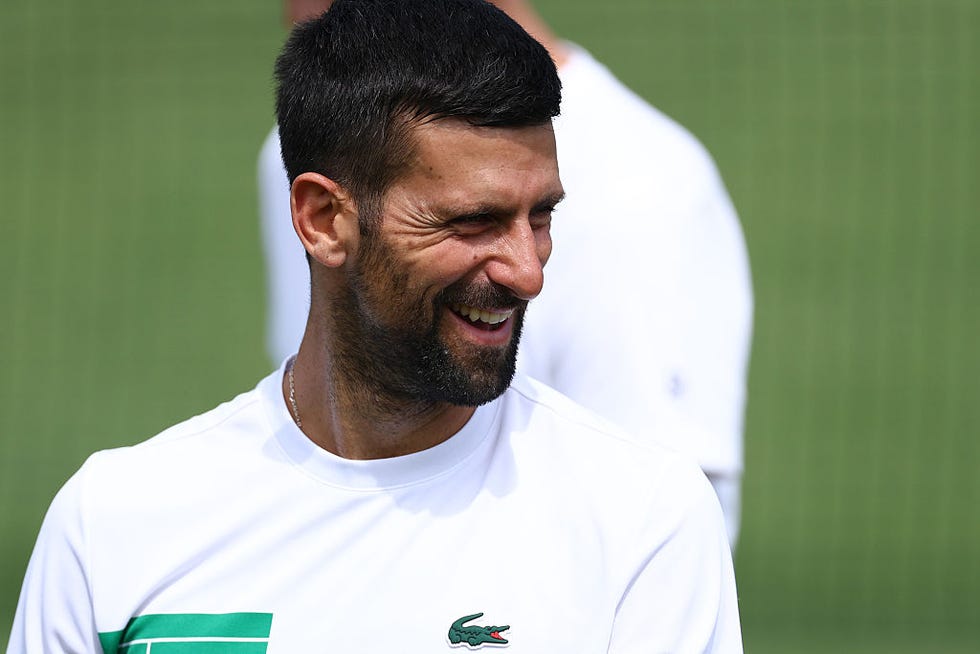 london, england june 24: novak djokovic of serbia shares a joke with his former coach, goran ivanisevic, the coach of stefanos tsitsipas of greece during a practice session at aorangi park during previews prior to the championships wimbledon 2025 at all england lawn tennis and croquet club on june 24, 2025 in london, england. (photo by dan istitene/getty images)