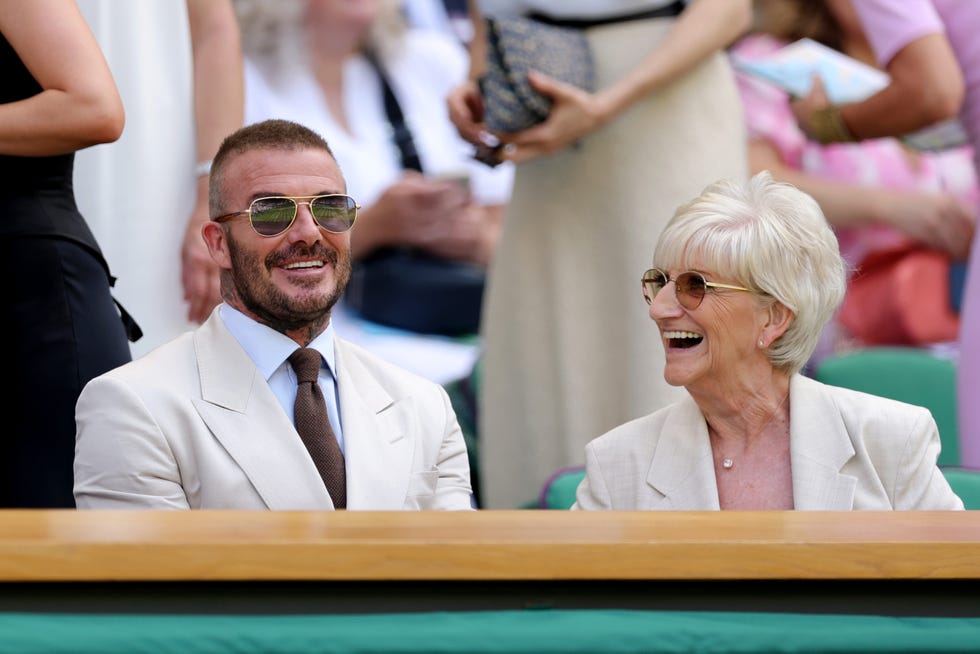 london, england june 30: sir david beckham is seen in the royal box with his mother, sandra beckham prior to the gentlemens singles first round match between fabio fognini of italy and carlos alcaraz of spain on day one of the championships wimbledon 2025 at all england lawn tennis and croquet club on june 30, 2025 in london, england. (photo by julian finney/getty images)