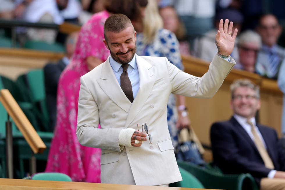 london, england june 30: sir david beckham arrives in the royal box prior to the gentlemens singles first round match between fabio fognini of italy and carlos alcaraz of spain on day one of the championships wimbledon 2025 at all england lawn tennis and croquet club on june 30, 2025 in london, england. (photo by julian finney/getty images)