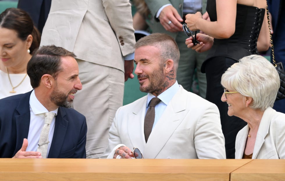 london, england june 30: sir gareth southgate, sir david beckham and sandra beckham attend day one of the wimbledon tennis championships at the all england lawn tennis and croquet club on june 30, 2025 in london, england. (photo by karwai tang/wireimage)