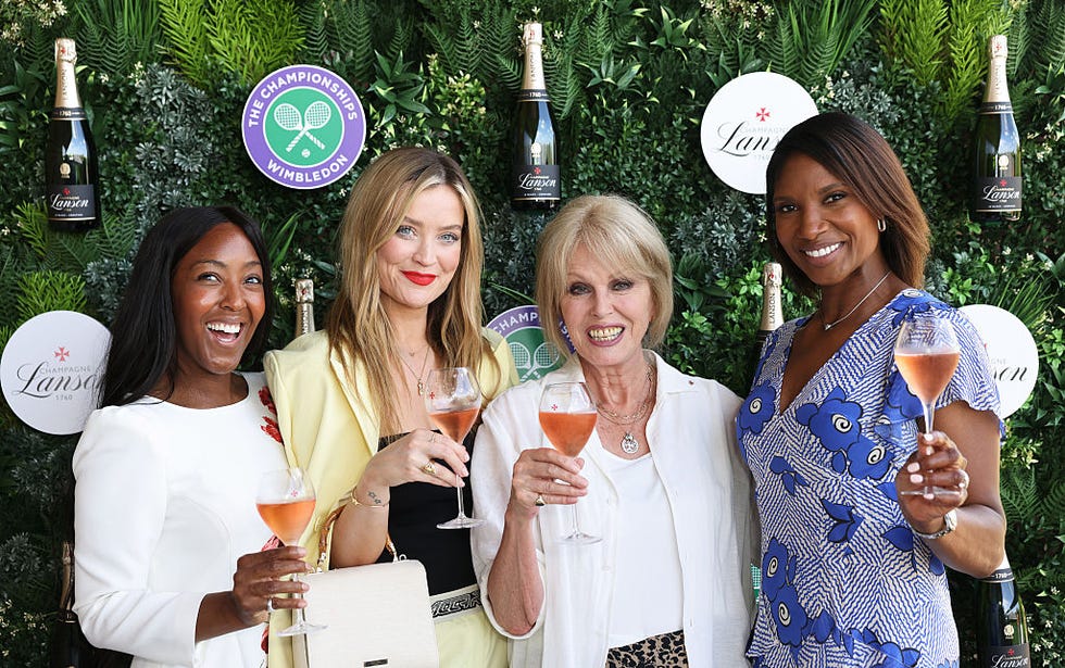 wimbledon, england june 30: (l r) angellica bell, laura whitmore, joanna lumley and dame denise lewis with champagne lanson at the championships, wimbledon on june 30, 2025 in wimbledon, england. (photo by max cisotti/dave benett/getty images for champagne lanson)