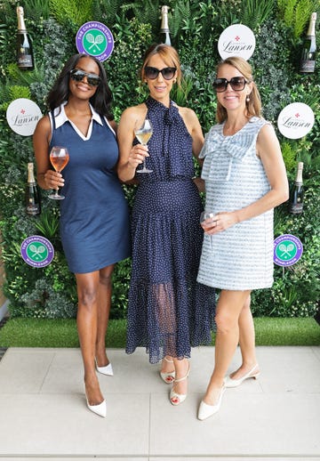 london, england july 05: (l to r) oti mabuse, alex jones and anna maxwell martin with champagne lanson at the championships in wimbledon on july 5, 2025 in london, england. (photo by max cisotti/dave benett/getty images for champagne lanson)
