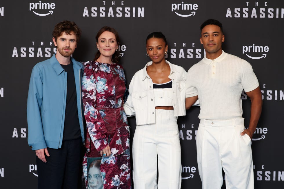 london, england july 03: (l r) freddie highmore, keeley hawes, shalom brune franklin and devon terrell attend the photocall for "the assassin" at the soho hotel on july 03, 2025 in london, england. (photo by tristan fewings/getty images)