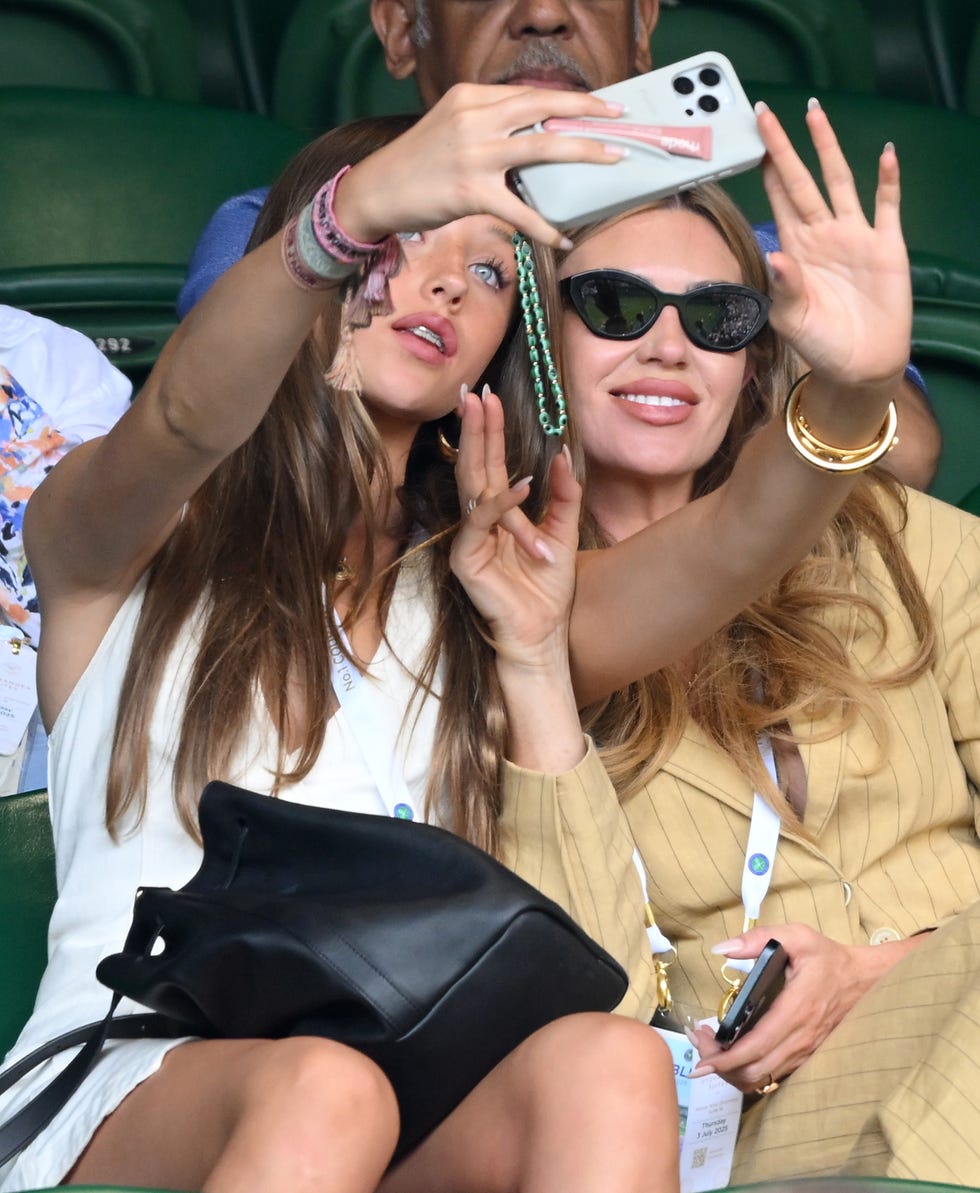 london, england july 03: sophia ruby crouch and abbey clancy attend day four of the wimbledon tennis championships at the all england lawn tennis and croquet club on july 03, 2025 in london, england. (photo by karwai tang/wireimage)