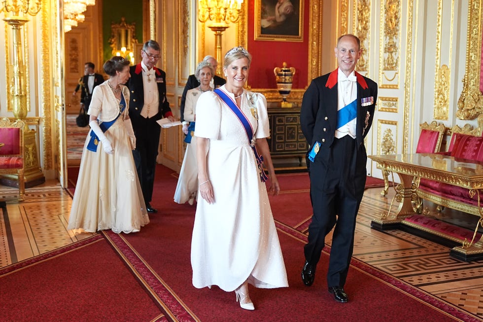 windsor, england july 8: prince edward, duke of edinburgh and sophie, duchess of edinburgh arrive for the state banquet for president of france emmanuel macron and his wife brigitte macron, at windsor castle on july 8, 2025 in windsor, england. president emmanuel macron and mrs brigitte macron visit the uk in the first visit state visit made by france in 17 years. they are staying at windsor castle, hosted by king charles iii and queen camilla, and a banquet will be held there in their honour. the macrons will visit imperial college, and the president will address parliament during his stay. (photo by aaron chown pool/getty images)