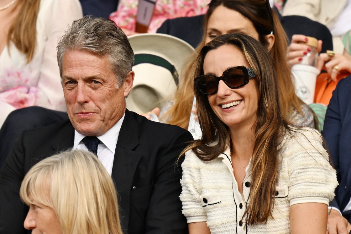 london, united kingdom july 09:hugh grant and anne grant watch tennis from the royal box during day ten of the 2025 wimbledon championships at the all england lawn tennis and croquet club in wimbledon on july 09, 2025, in london, england (photo by ray tang/anadolu via getty images)