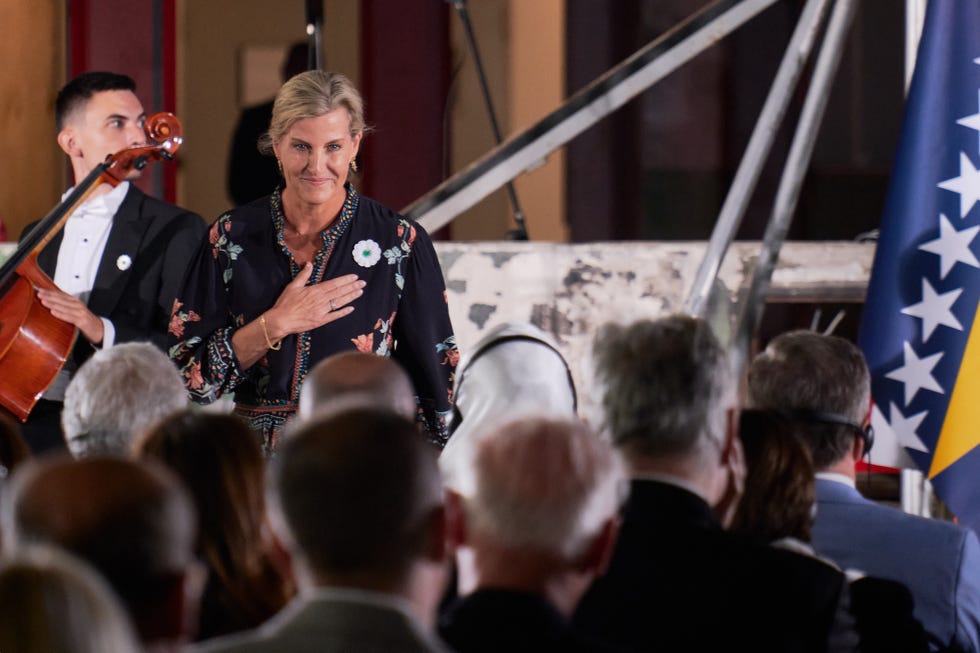 srebrenica, bosnia and herzegovina july 11: member of the british royal family sophie, duchess of edinburgh gestures after holding a speech at the srebrenica remembrance ceremony at the potocari memorial center, located in a former battery factory where un dutchbat troops were stationed in 1995 and where thousands of bosniak civilians sought refuge from advancing bosnian serb forces on july 11, 2025 in srebrenica, bosnia and herzegovina. on july 11, 1995, bosnian serb forces captured the eastern bosnian town of srebenica, then a un protected enclave. they began killing over 8,000 muslim men and boys (bosniaks) in what became known as the srebrenica massacre. the bodies were found in mass graves after the war had ended, and in 2004, the international criminal tribunal for the former yugoslavia (icty) defined the killings as genocide. this year is the 30th anniversary of the massacre and is marked with a service in srebrenica where newly identified remains of some of the dead will be buried and mourned by their families. (photo by pierre crom/getty images)