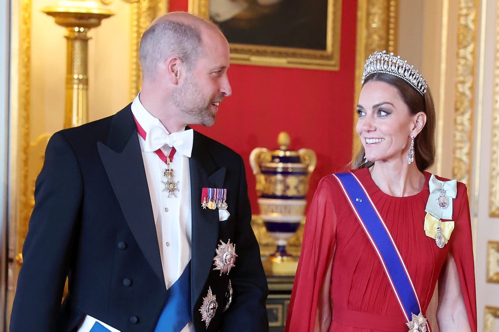 windsor, england july 08: prince william, prince of wales and catherine, princess of wales attend the state banquet at windsor castle on july 08, 2025 in windsor, england. president emmanuel macron and mrs brigitte macron visit the uk in the first visit state visit made by france in 17 years. they are staying at windsor castle, hosted by king charles iii and queen camilla, and a banquet will be held there in their honour. the macrons will visit imperial college, and the president will address parliament during his stay. (photo by chris jackson/getty images)