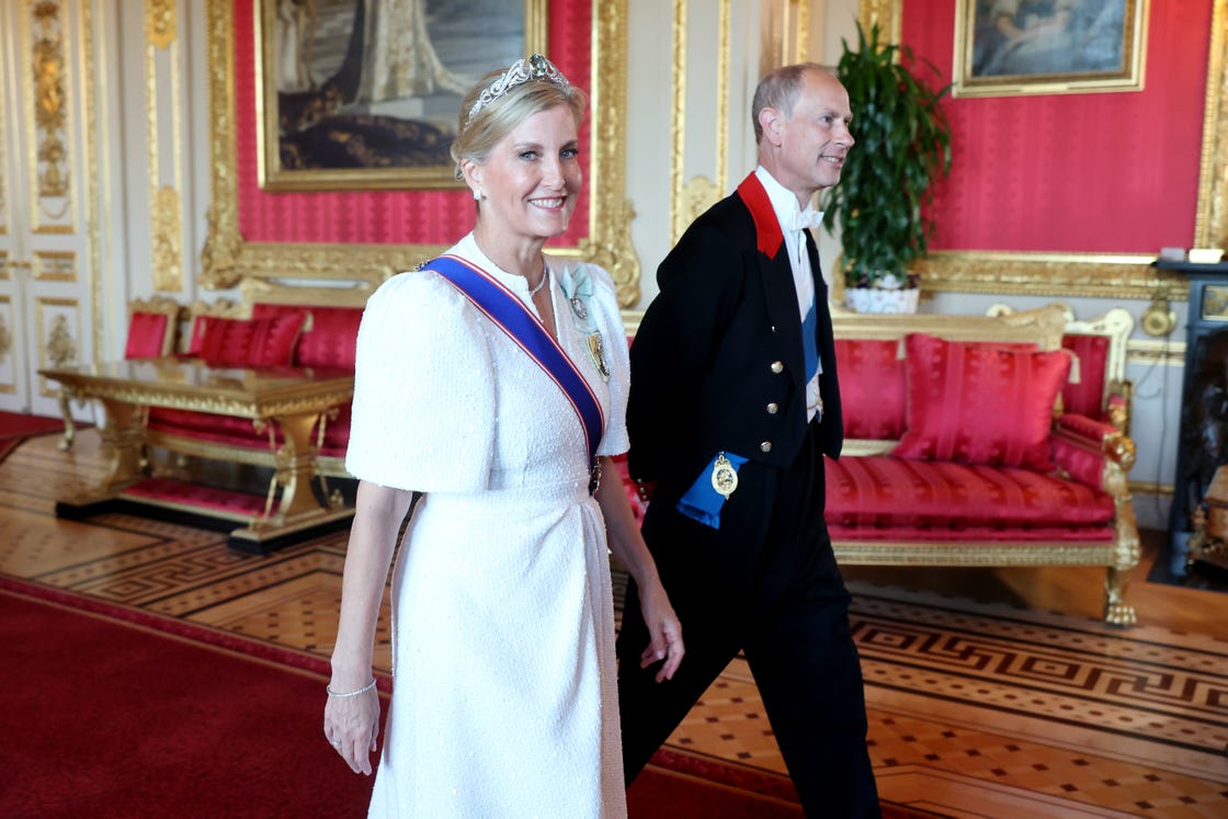 windsor, england july 08: sophie, duchess of edinburgh and prince edward, duke of edinburgh attend the state banquet at windsor castle on july 08, 2025 in windsor, england. president emmanuel macron and mrs brigitte macron visit the uk in the first visit state visit made by france in 17 years. they are staying at windsor castle, hosted by king charles iii and queen camilla, and a banquet will be held there in their honour. the macrons will visit imperial college, and the president will address parliament during his stay. (photo by chris jackson/getty images)