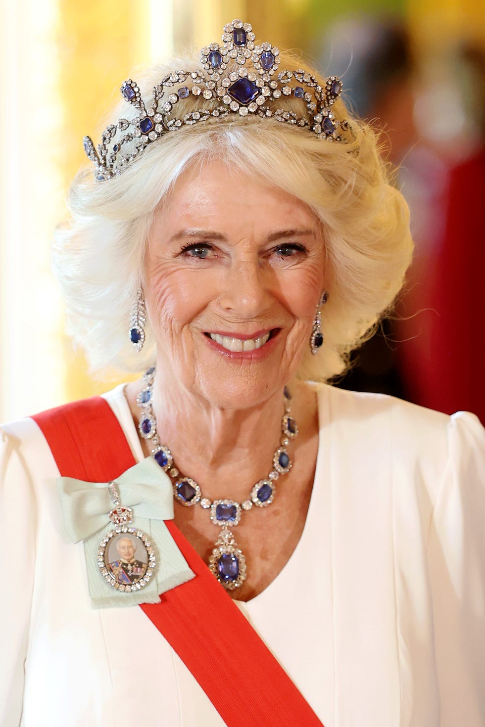 windsor, england july 08: queen camilla attends the state banquet at windsor castle on july 08, 2025 in windsor, england. president emmanuel macron and mrs brigitte macron visit the uk in the first visit state visit made by france in 17 years. they are staying at windsor castle, hosted by king charles iii and queen camilla, and a banquet will be held there in their honour. the macrons will visit imperial college, and the president will address parliament during his stay. (photo by chris jackson/getty images)