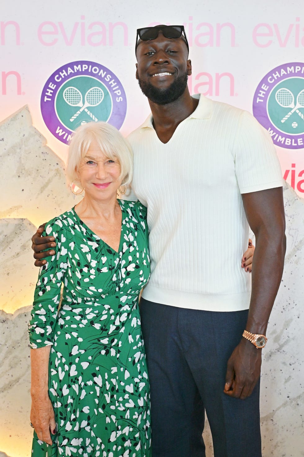 london, england july 13: dame helen mirren and stormzy attend the evian mountain of youth vip suite during day 14 of wimbledon 2025 on july 13, 2025 in london, england. (photo by jed cullen/dave benett/getty images for evian)