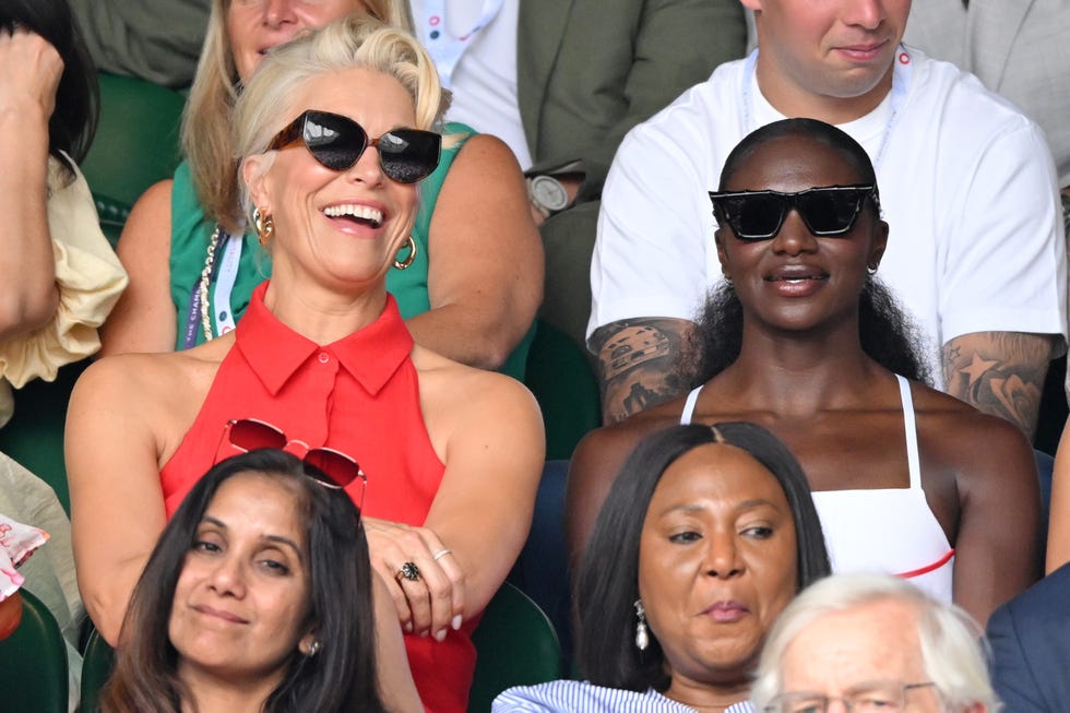 london, england july 09: (l r) hannah waddingham, dina asher smith and emile smith rowe attend day ten of the wimbledon tennis championships at the all england lawn tennis and croquet club on july 09, 2025 in london, england. (photo by karwai tang/wireimage)