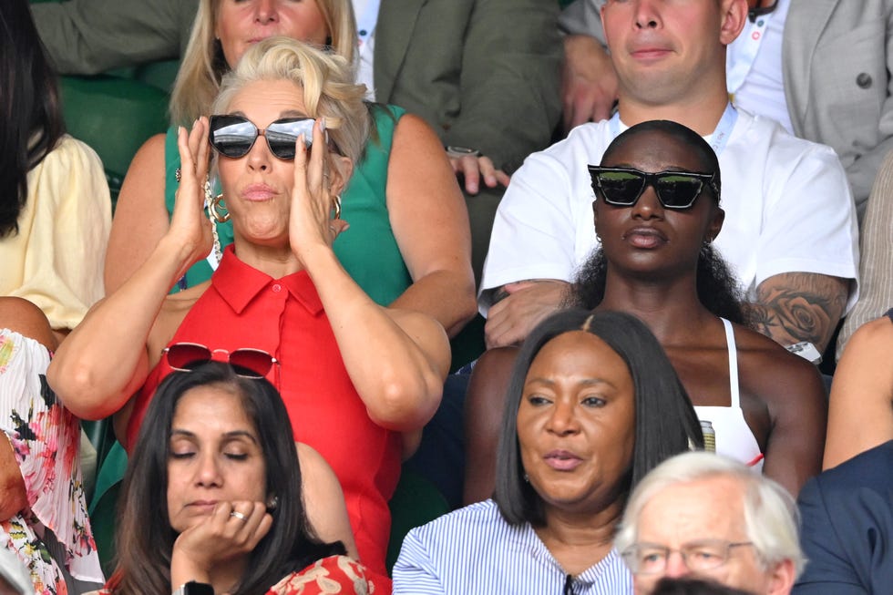 london, england july 09: (l r) hannah waddingham, dina asher smith and emile smith rowe attend day ten of the wimbledon tennis championships at the all england lawn tennis and croquet club on july 09, 2025 in london, england. (photo by karwai tang/wireimage)