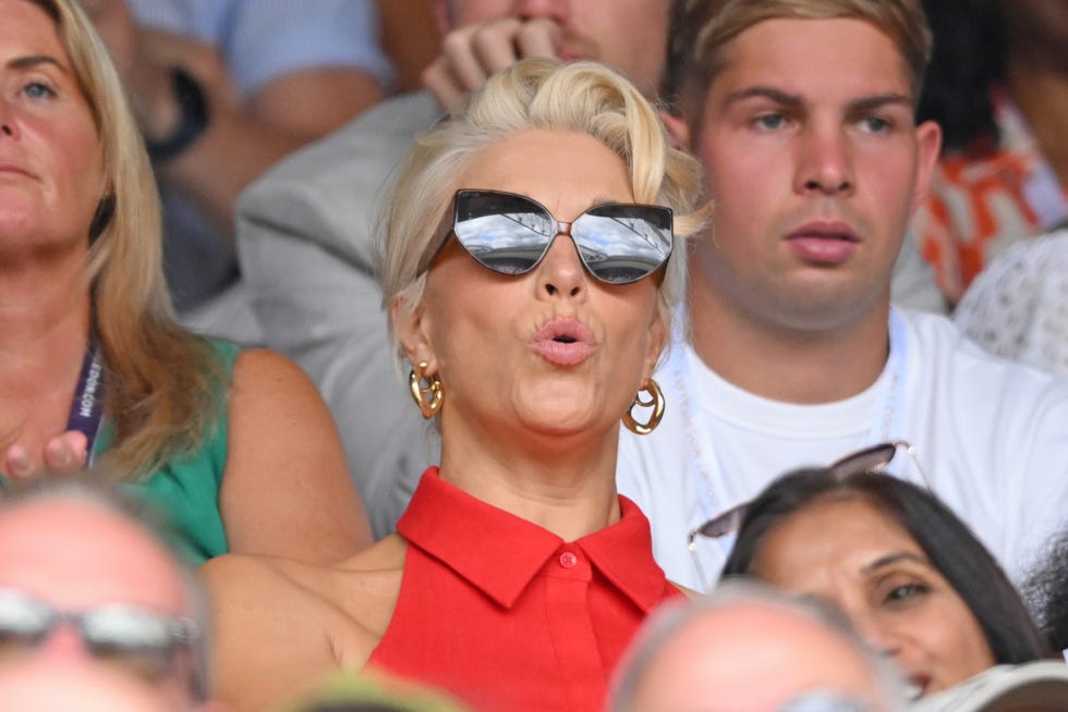 london, england july 09: (l r) hannah waddingham and emile smith rowe attend day ten of the wimbledon tennis championships at the all england lawn tennis and croquet club on july 09, 2025 in london, england. (photo by karwai tang/wireimage)