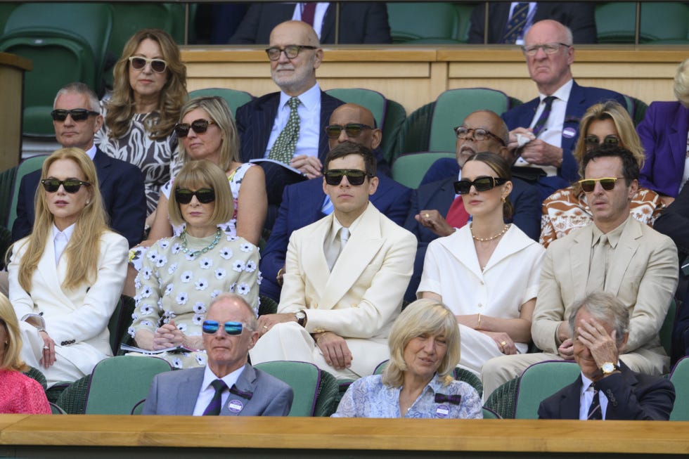 london, united kingdom july 13: sir chris hoy, actress nicole kidman, dame anna wintour, james righton, keira knightley and andrew scott watch tennis from the royal box during day fourteen of the 2025 wimbledon championships at the all england lawn tennis and croquet club in wimbledon on july 13, 2025, in london, united kingdom. (photo by ray tang/anadolu via getty images)