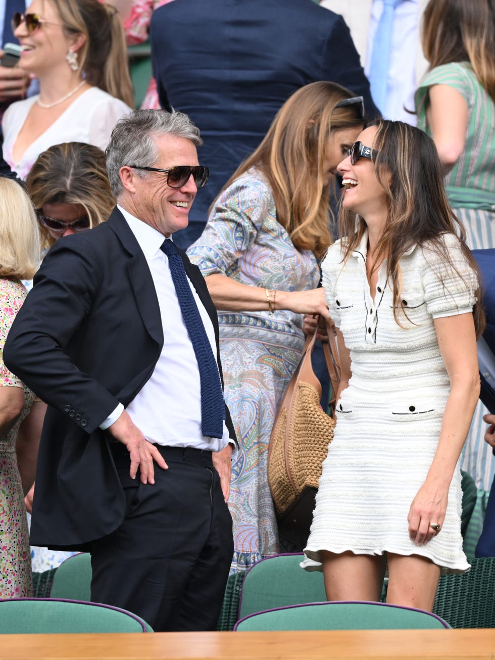 london, england july 09: hugh grant and anna elisabet eberstein attend day ten of the wimbledon tennis championships at the all england lawn tennis and croquet club on july 09, 2025 in london, england. (photo by karwai tang/wireimage)
