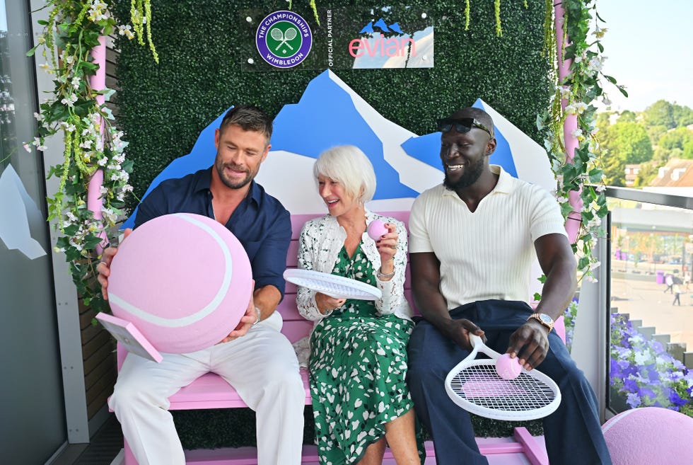 london, england july 13: (l to r) chris hemsworth, dame helen mirren and stormzy attend the evian 'mountain of youth' vip suite during day 14 of wimbledon 2025 on july 13, 2025 in london, england. (photo by jed cullen/dave benett/getty images for evian)
