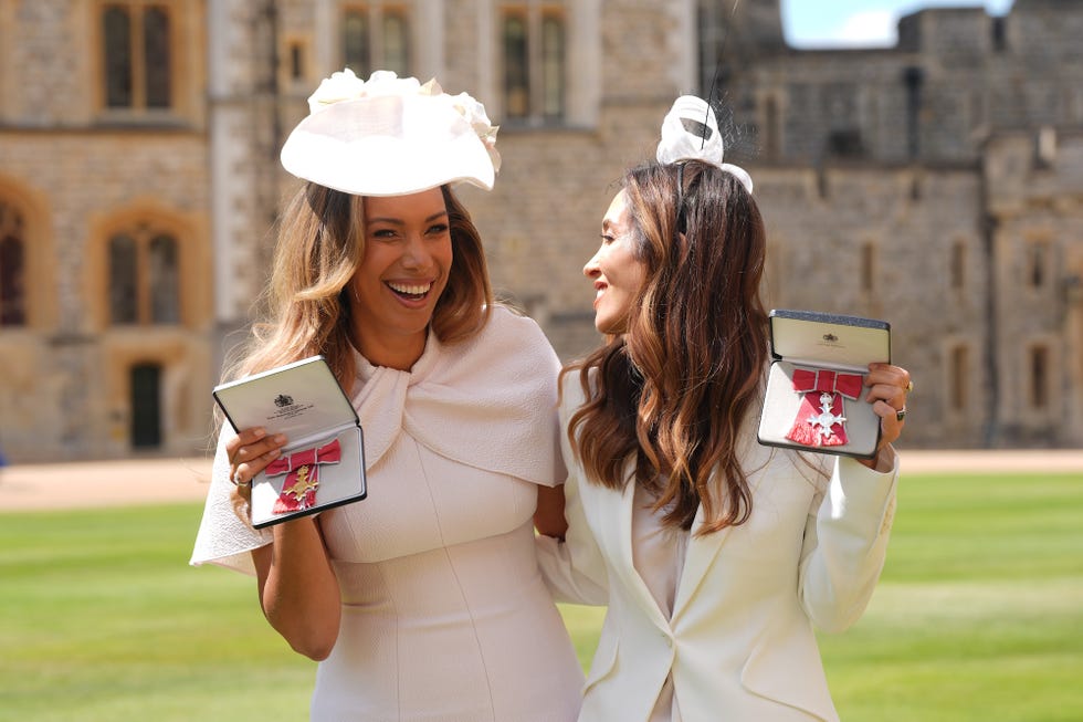 windsor, england july 16: leona lewis (left) with myleene klass (right) after they received their officer of the british empire (obe) and member of the order of the british empire (mbe) medals respectively during an investiture ceremony at windsor castle, on july 16, 2025 in windsor, england. (photo by yui mok wpa pool/getty images)