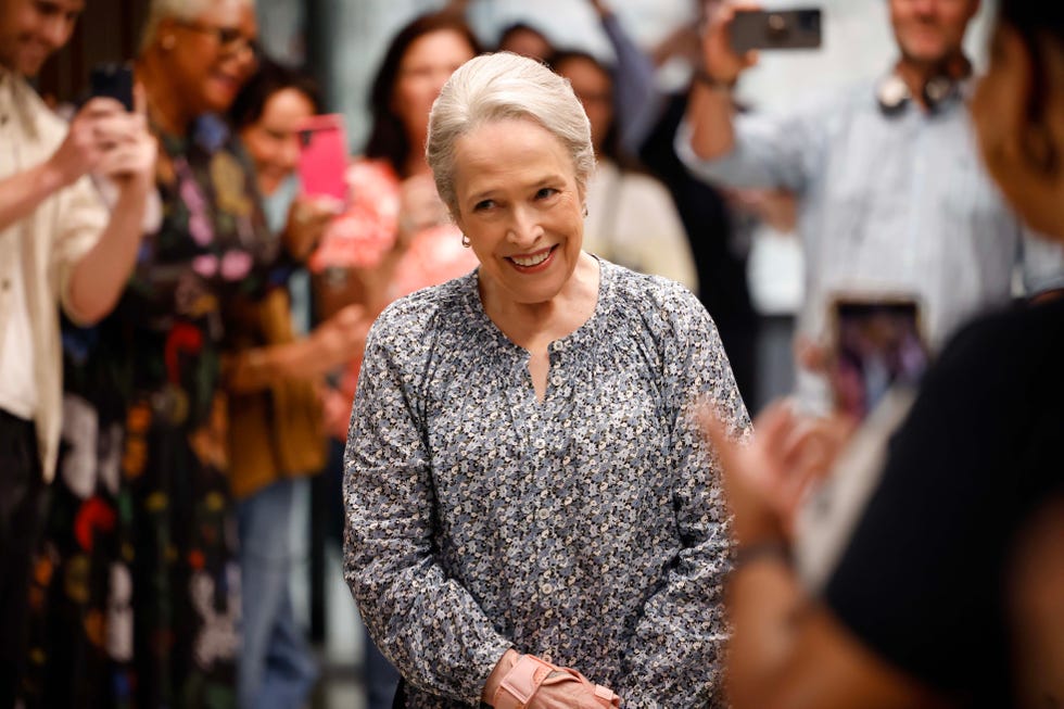 los angeles july 15: kathy bates reacts to the cast and crew from the cbs original series matlock surprising her with a celebration upon the morning of her emmy nomination for best lead actress in a drama series. pictured (l r): kathy bates as "madeline matlock". (photo by sonja flemming/cbs via getty images)