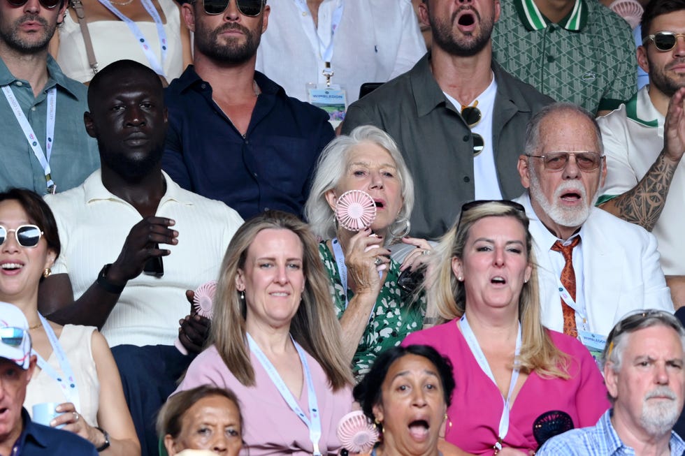 london, england july 13: stormzy, helen mirren and taylor hackford attend day fourteen of the wimbledon tennis championships at the all england lawn tennis and croquet club at all england lawn tennis and croquet club on july 13, 2025 in london, england. (photo by karwai tang/wireimage)