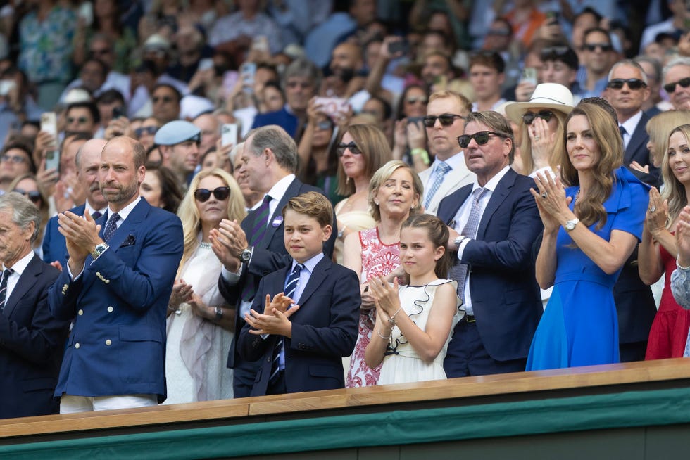london, england july 13: prince william, prince of wales, prince george of wales, princess charlotte of wales and catherine, princess of wales in the royal box at the gentlemen's singles final on centre court during the wimbledon lawn tennis championships at the all england lawn tennis and croquet club at wimbledon on july 13th, 2025, in london, england. (photo by tim clayton/getty images)
