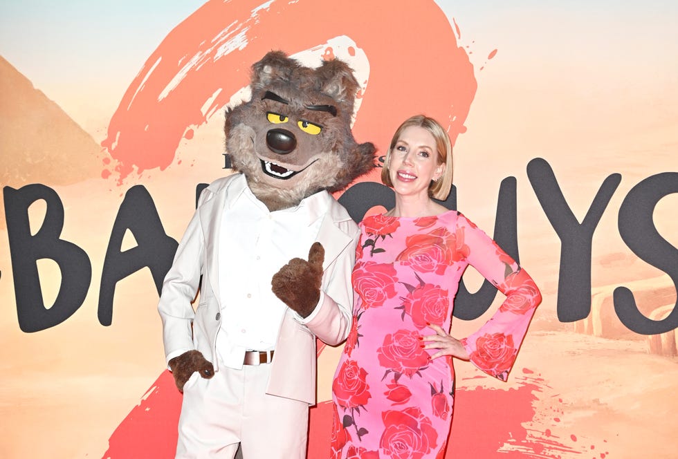 london, england july 20: katherine ryan poses with mr wolf at the gala screening of the bad guys 2 at vue leicester square on july 20, 2025 in london, england. (photo by dave benett/wireimage)