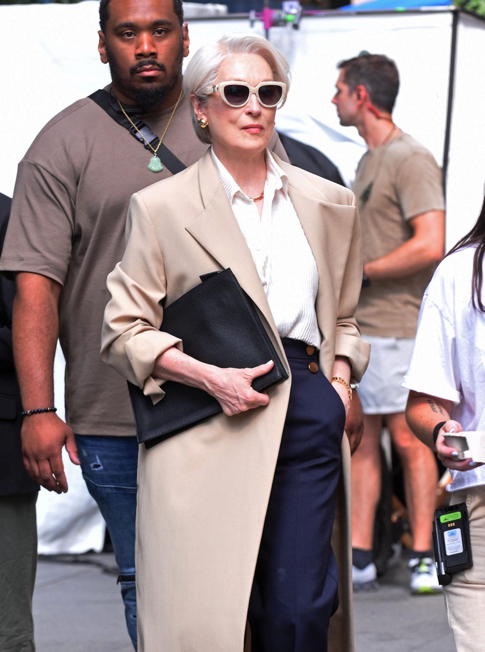 new york, ny july 25: meryl streep is seen on the set of the devil wears prada 2 on july 25, 2025 in new york city. (photo by patricia schlein/star max/gc images)