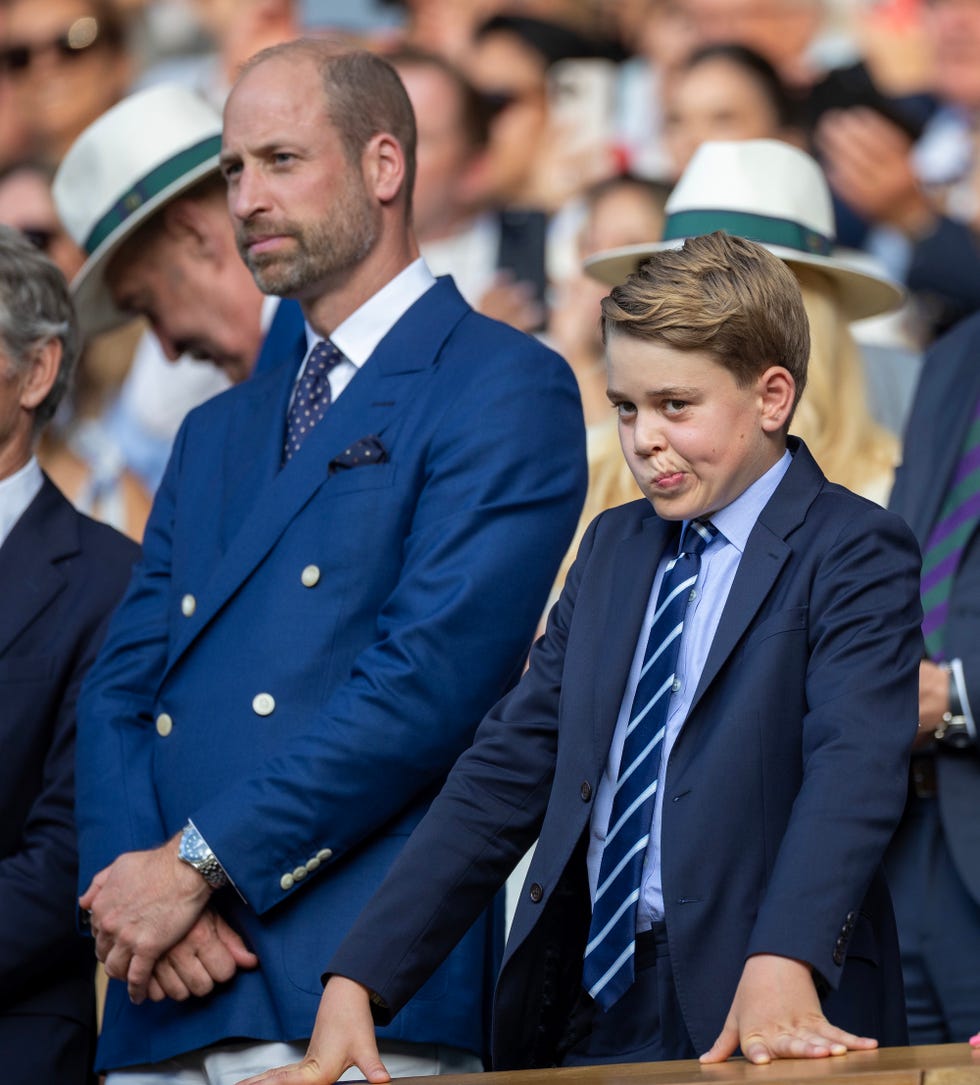 london, england july 13: prince william, prince of wales, and prince george of wales watch the presentation ceremony of the gentlemen's singles final on centre court during the wimbledon lawn tennis championships at the all england lawn tennis and croquet club at wimbledon on july 13th, 2025, in london, england. (photo by tim clayton/getty images)