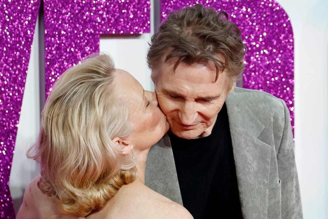 london, england july 22: pamela anderson and liam neeson attend the naked gun uk premiere at cineworld leicester square on july 22, 2025 in london, england. (photo by john phillips/getty images)