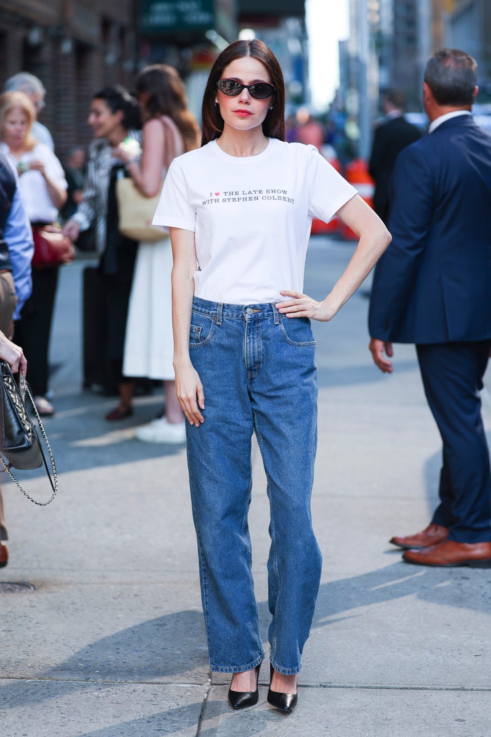 new york, new york july 23: molly gordon, wearing a t shirt reading i heart the late show with stephen colbert, seen at the late show with stephen colbert in midtown on july 23, 2025 in new york city. (photo by aeon/gc images)
