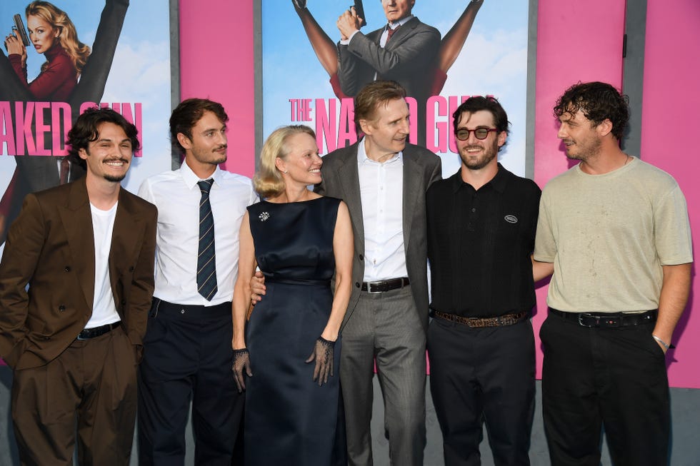 dylan jagger lee, brandon thomas lee, pamela anderson, liam neeson, daniel neeson, micheál neeson at "the naked gun" new york premiere on july 28, 2025 in new york, new york. (photo by kristina bumphrey/variety via getty images)