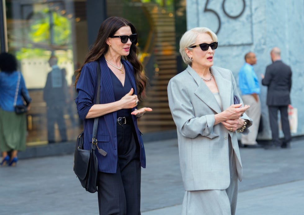 new york, ny july 29: anne hathaway and meryl streep are seen on the set of the devil wears prada 2 on july 29, 2025 in new york city. (photo by xny/star max/gc images)