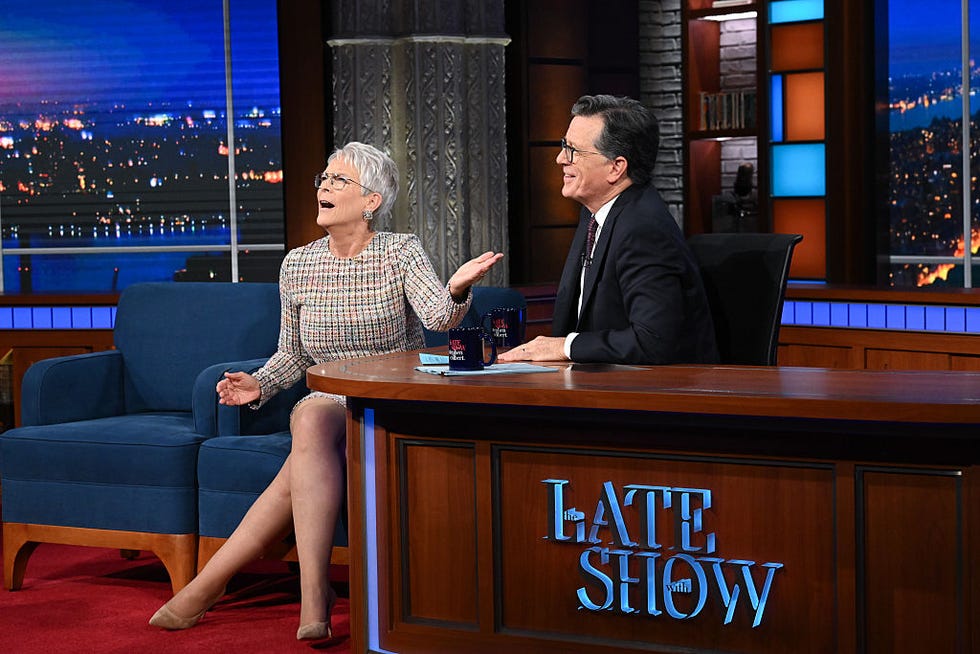 new york city july 29: the late show with stephen colbert guest jamie lee curtis during tuesdays july 29, 2025 show. (photo by scott kowalchyk/cbs via getty images)