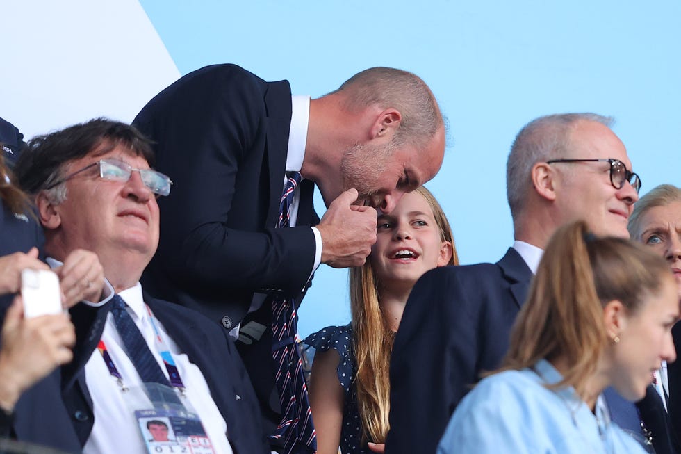basel, switzerland july 27: prince william, prince of wales talks with princess charlotte prior to the uefa womens euro 2025 final match between england and spain at st. jakob park on july 27, 2025 in basel, switzerland. (photo by james gill danehouse/getty images)
