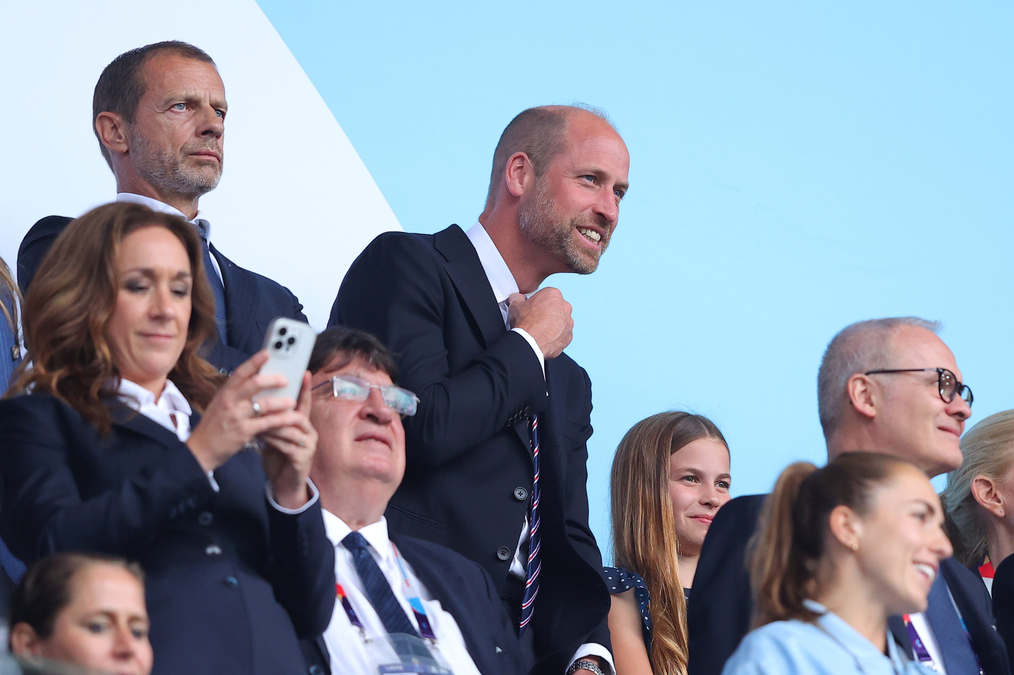 basel, switzerland july 27: prince william, prince of wales talks with princess charlotte as aleksander ceferin, uefa president looks on prior to the uefa womens euro 2025 final match between england and spain at st. jakob park on july 27, 2025 in basel, switzerland. (photo by james gill danehouse/getty images)