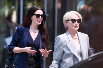 new york, new york july 29: meryl streep and anne hathaway are seen on the set of the devil wears prada 2 in hudson yards on july 29, 2025 in new york city. (photo by aeon/gc images)
