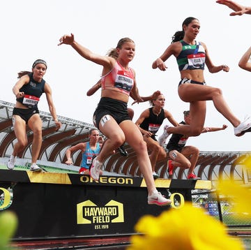 2025 USATF Outdoor Championships professional runners jumping over a steeplechase