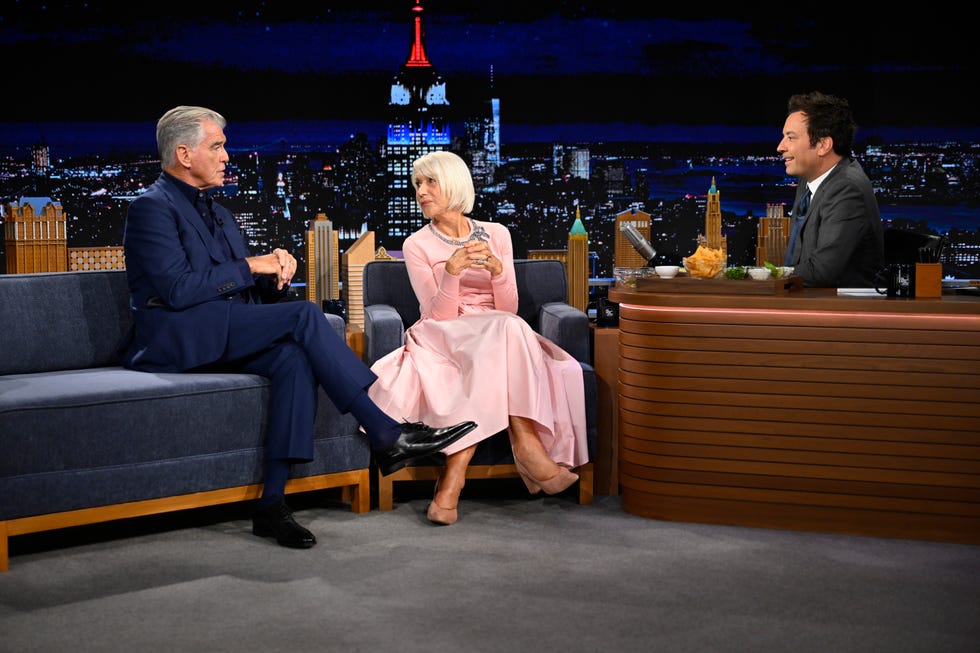 the tonight show starring jimmy fallon episode 2172 pictured: (l r) actors pierce brosnan  helen mirren during an interview with host jimmy fallon on monday, august 11, 2025 (photo by: todd owyoung/nbc via getty images)