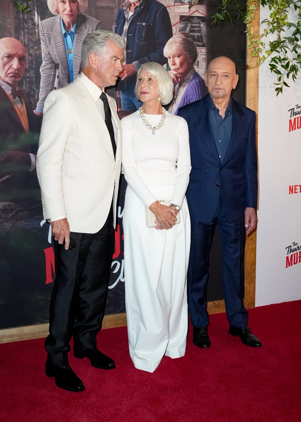 pierce brosnan, helen mirren, sir ben kingsley at netflixs the thursday murder club new york special screening held at the plaza hotel on august 14, 2025 in new york, new york. (photo by john nacion/variety via getty images)