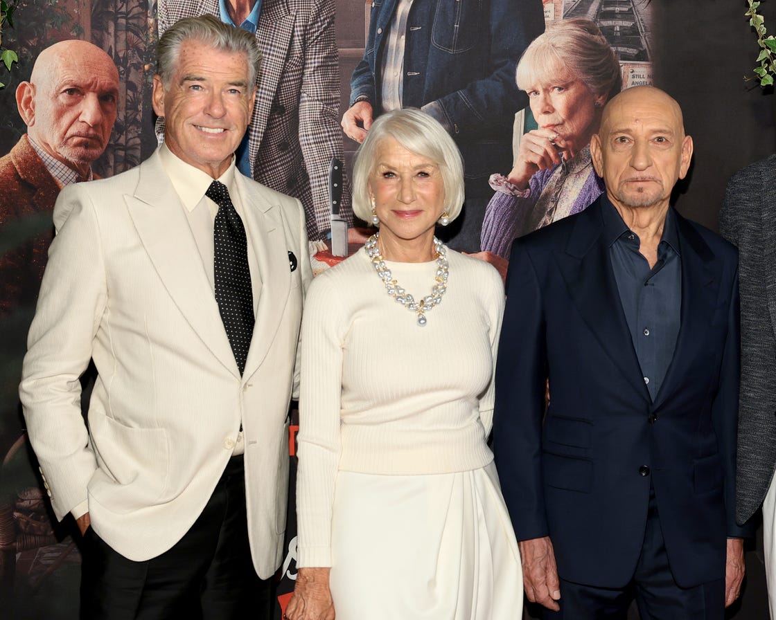 new york, new york august 14: (l r) pierce brosnan, helen mirren, ben kingsley attend the nyc special screening of the thursday murder club on august 14, 2025 in new york city. (photo by dimitrios kambouris/getty images for netflix)