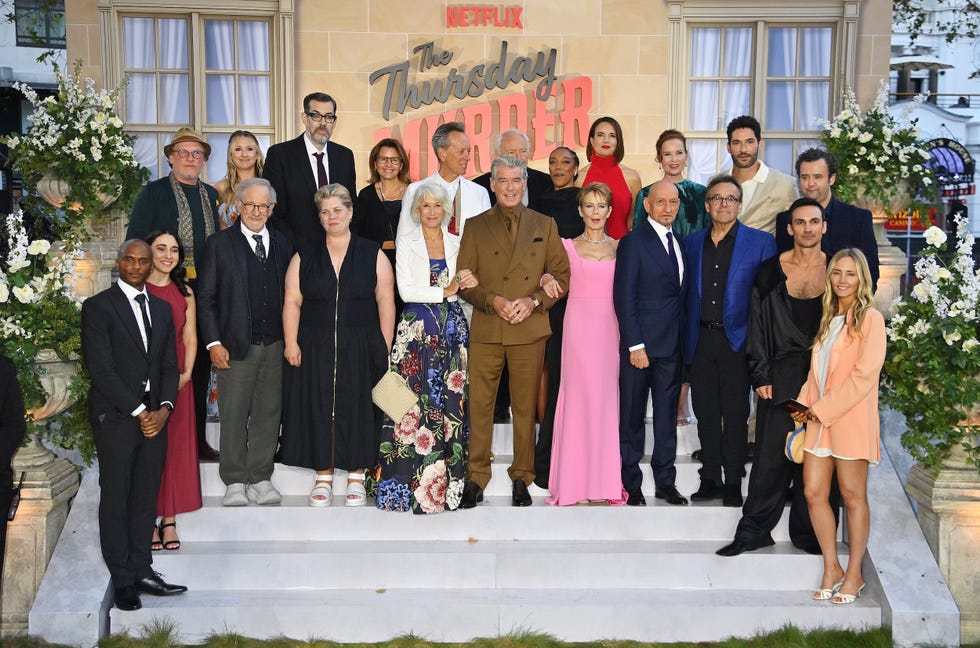london, england august 21: (2l to r) maria fortese, geoff bell, suzanne heathcote, steven spielberg, richard osman, katy brand, holly bario, dame helen mirren, richard e. grant, pierce brosnan, paul freeman, naomi ackie, celia imrie, ingrid oliver, sir ben kingsley, jennifer todd, chris columbus, tom ellis, henry lloyd hughes, daniel mays and cassidy lange attend the uk premiere of "the thursday murder club" in leicester square on august 21, 2025 in london, england. (photo by dave benett/wireimage)