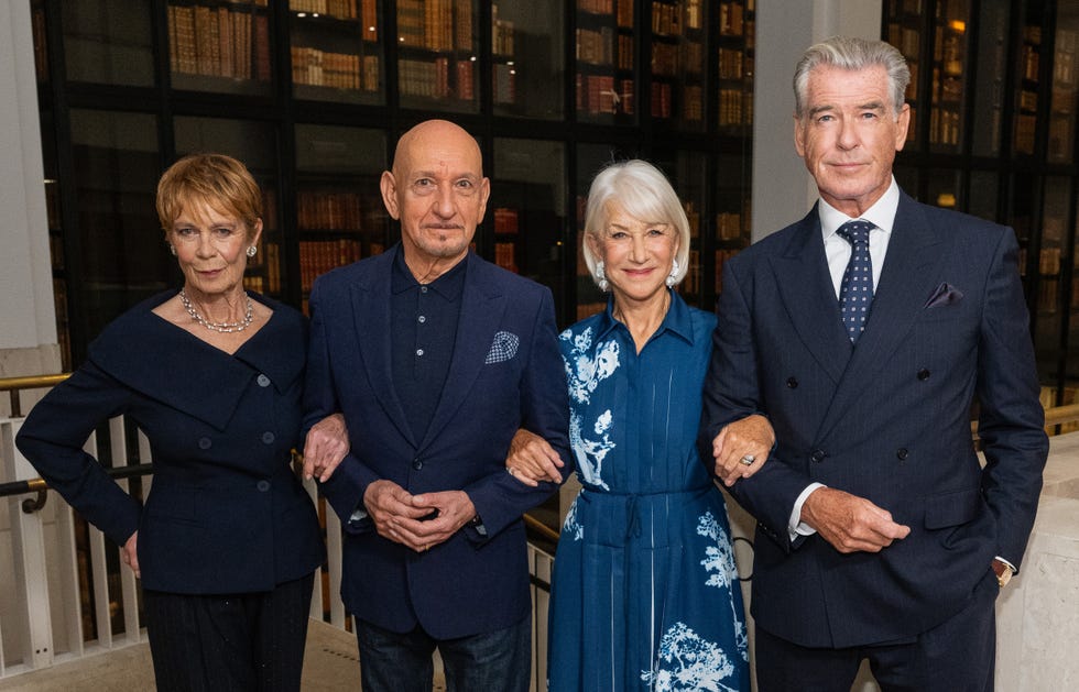 london, england august 19: celia imrie, sir ben kingsley, dame helen mirren and pierce brosnan attend the thursday murder club photocall at the british library on august 19, 2025 in london, england. (photo by eamonn m. mccormack/getty images)