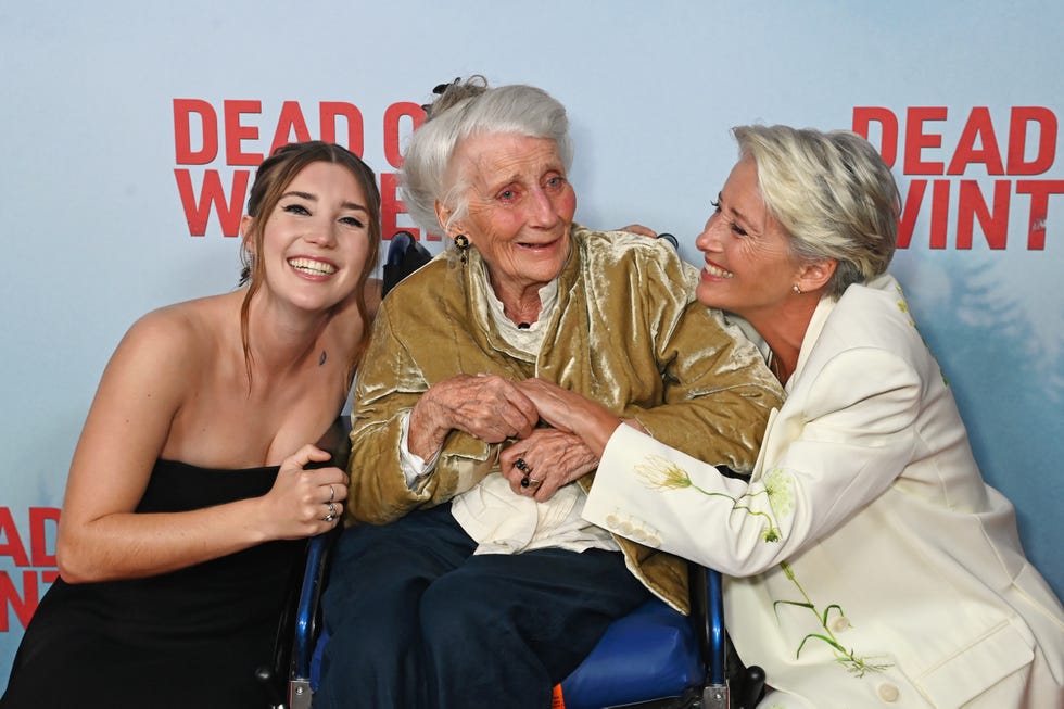 london, england september 08: (l to r) gaia wise, phyllida law and dame emma thompson attend the uk premiere of dead of winter at picturehouse central on september 8, 2025 in london, england. (photo by dave benett/wireimage)
