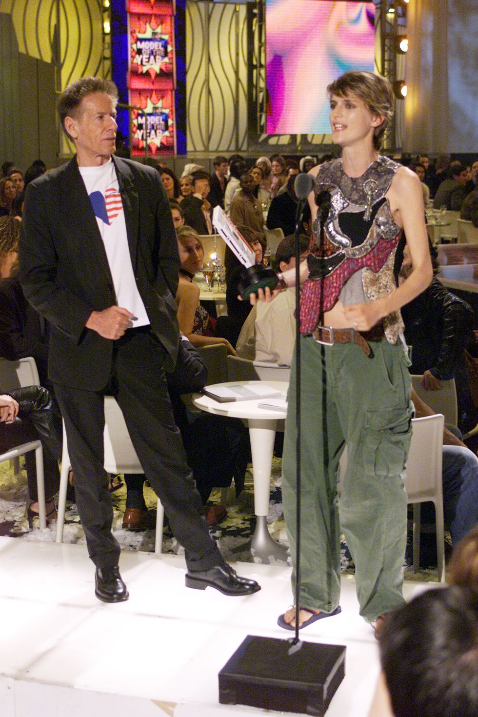 designer, cavin klein with model, stella tennant accepting her award  onstage at the 2001 vh1 vogue fashion awards at hammerstein ballroom in new york city, 101901 photo by scott griesimagedirect